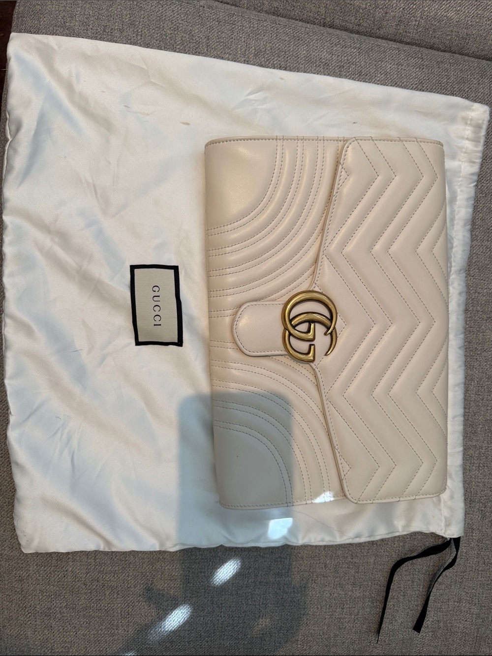 Gucci Cream Chevron Quilted Clutch with Gold Double G